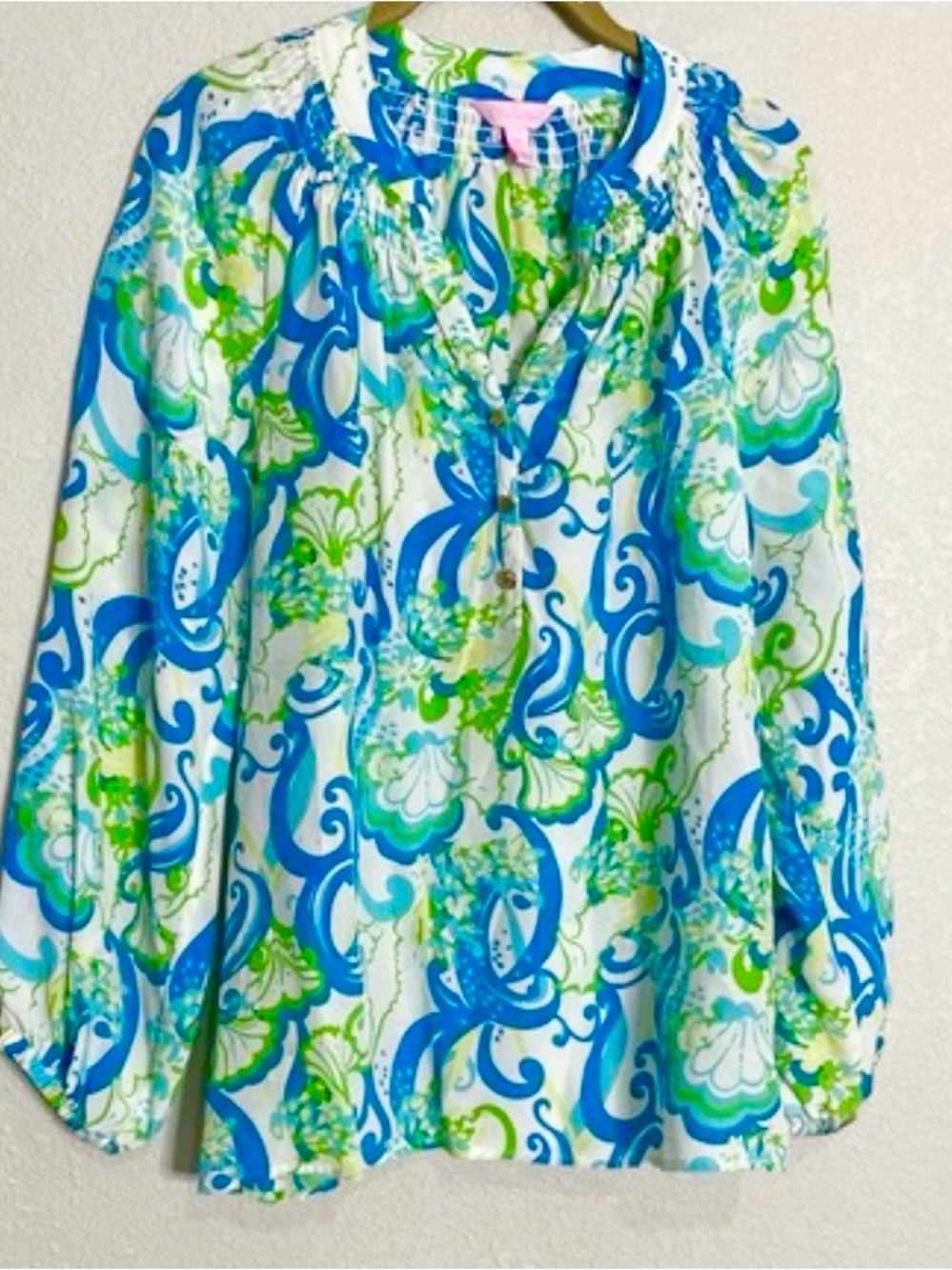 Lilly Pulitzer Blue, Green & White Floral Smocked Top Elsa
